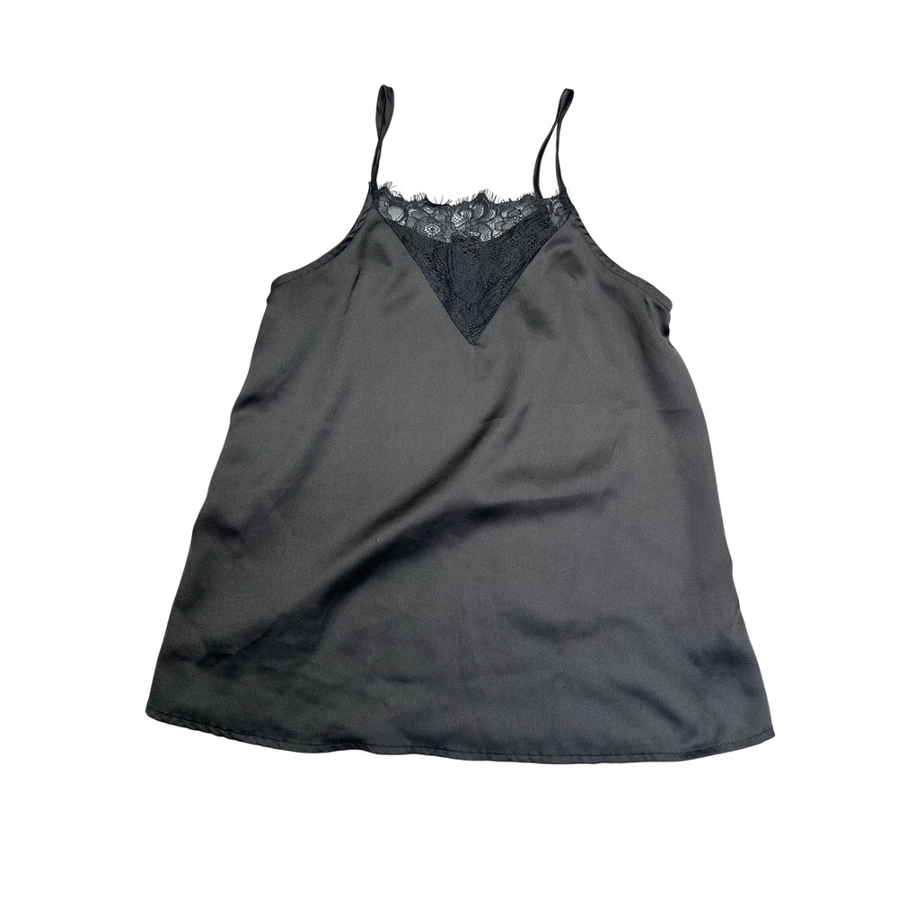 IJOAH Y2K Black Satin Lace Trim Camisole Spaghetti Strap V-Neck Top T15403 Small